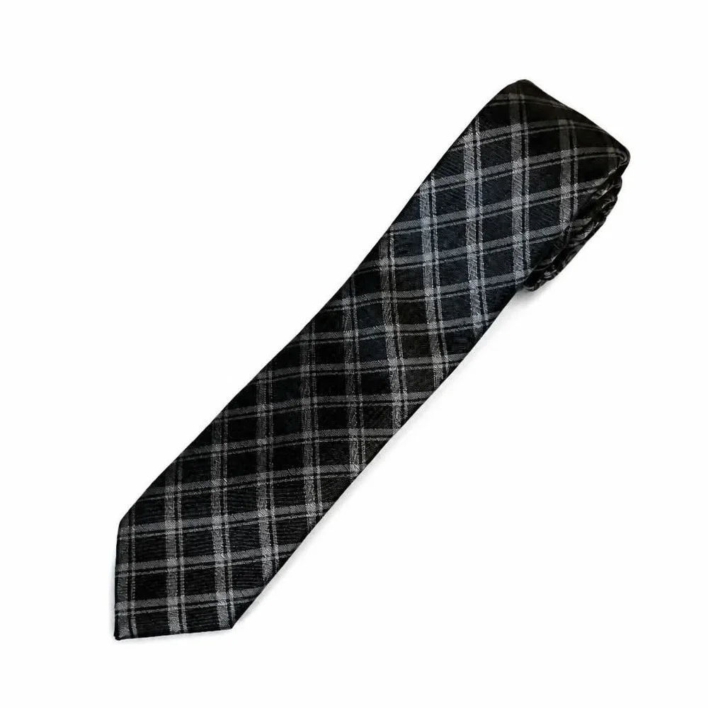 JF J Ferrar Mens Tie Black Silver Gray Plaid Check Grid Polyester Necktie